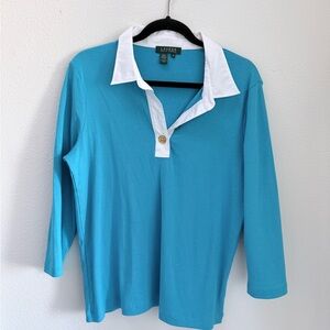 Lauren Ralph Lauren Blue Cotton Knit Polo Top with Gold Buttons – XL